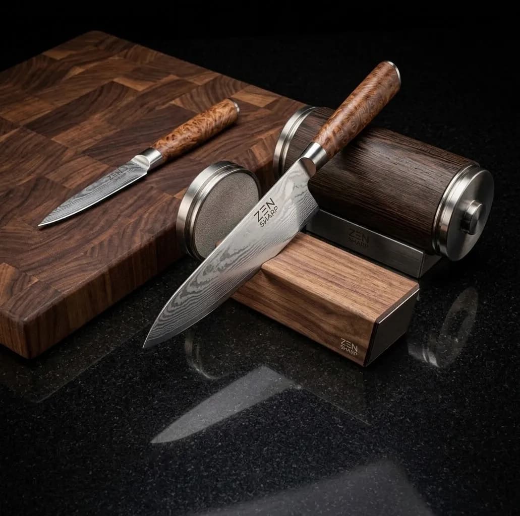 Multiple sharpeners and Damascus knives on walnut board