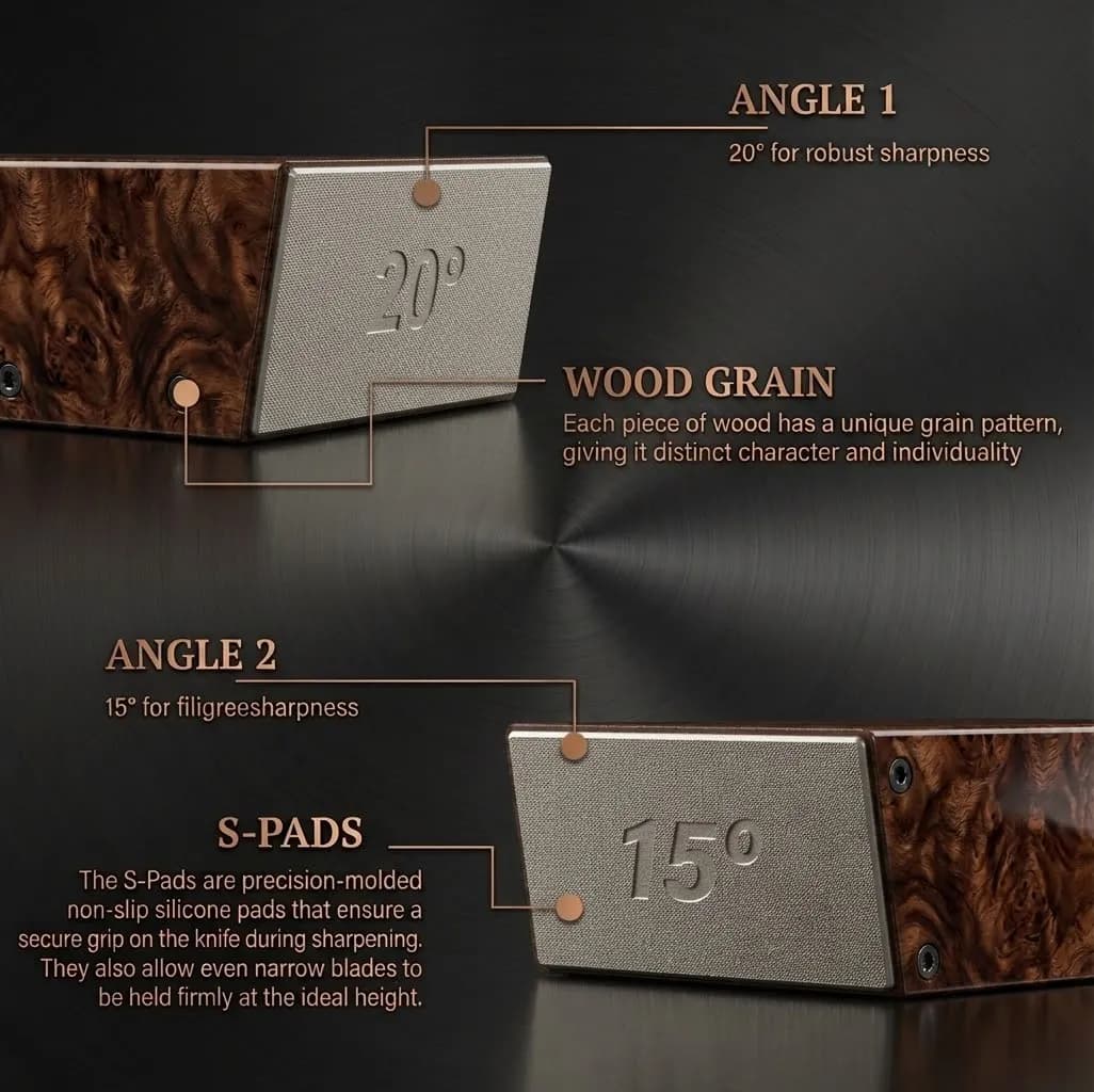 Angle 1 / Angle 2 — wood grain and S-pad annotations
