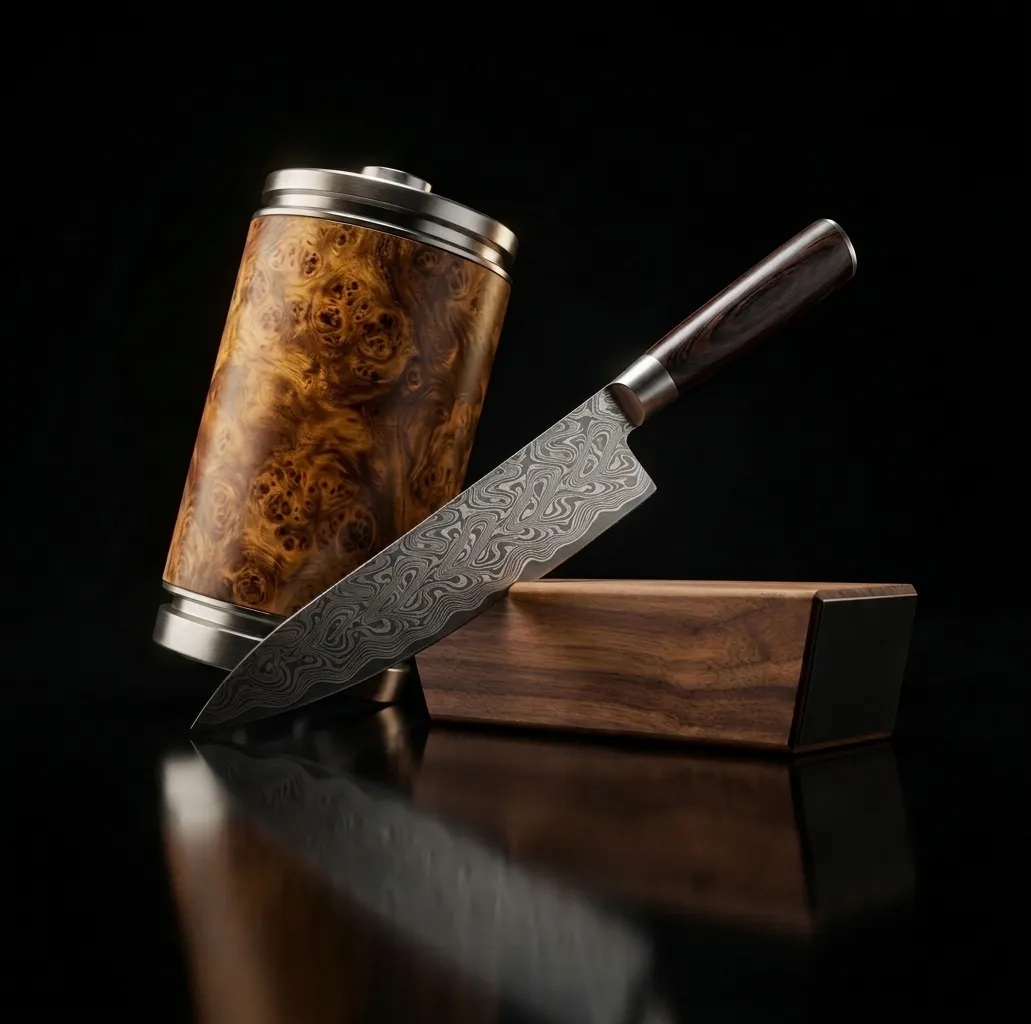 Burl wood cylinder and Damascus knife — dark hero