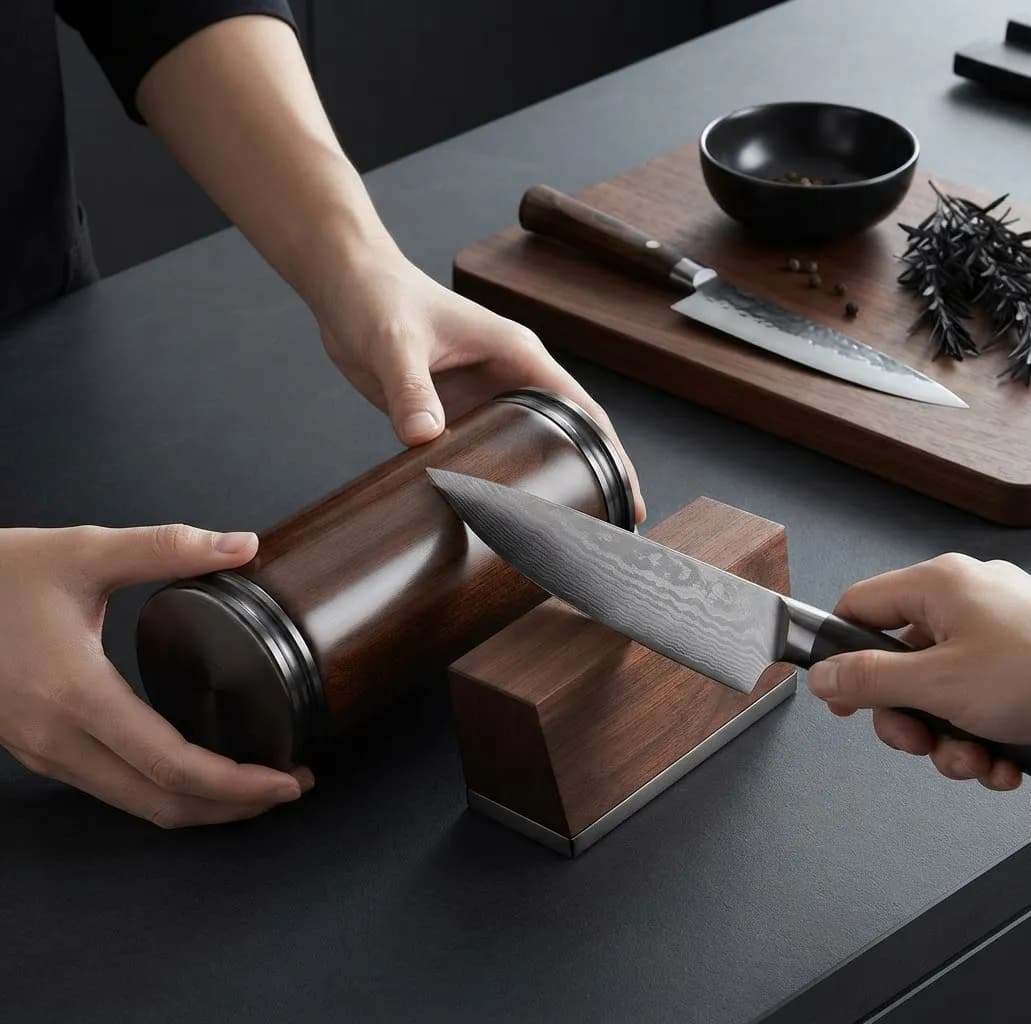 Hands sharpening a Damascus knife on the Molinalia Rolling Knife Sharpener