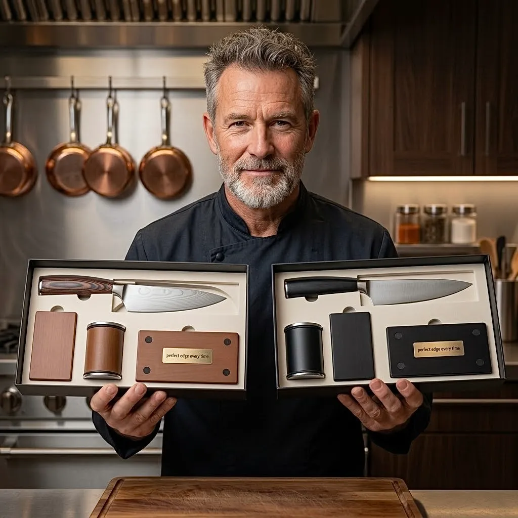 Chef holding two Molinalia gift box sets in a professional kitchen