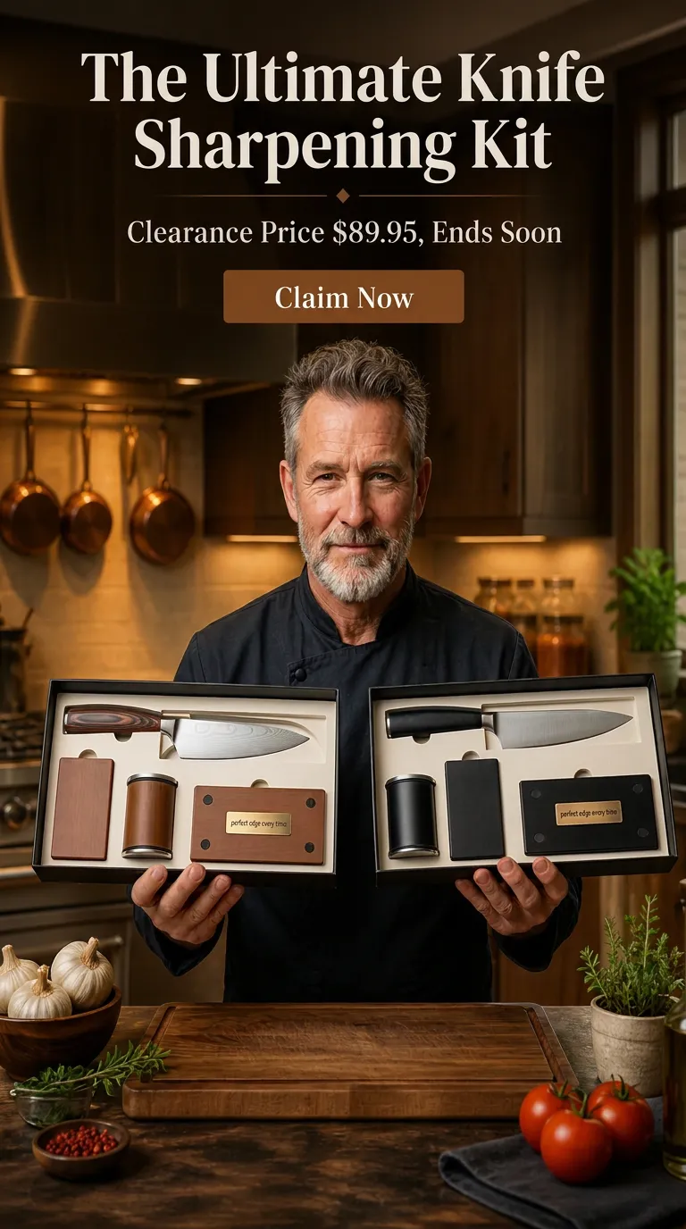 The Ultimate Knife Sharpening Kit — clearance price A$89.95, chef holding two presentation boxes